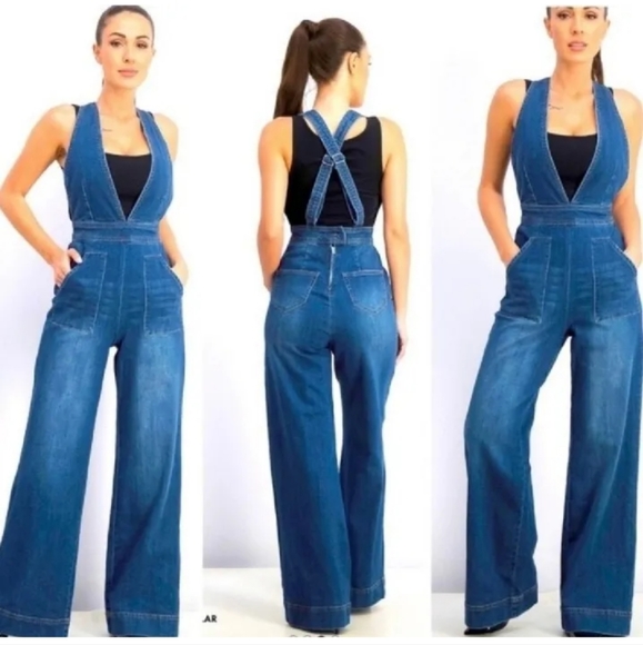 Dollhouse Denim - Dollhouse High Waist Wide Flare Denim Jumpsuit Plunging Neck Y2K Retro